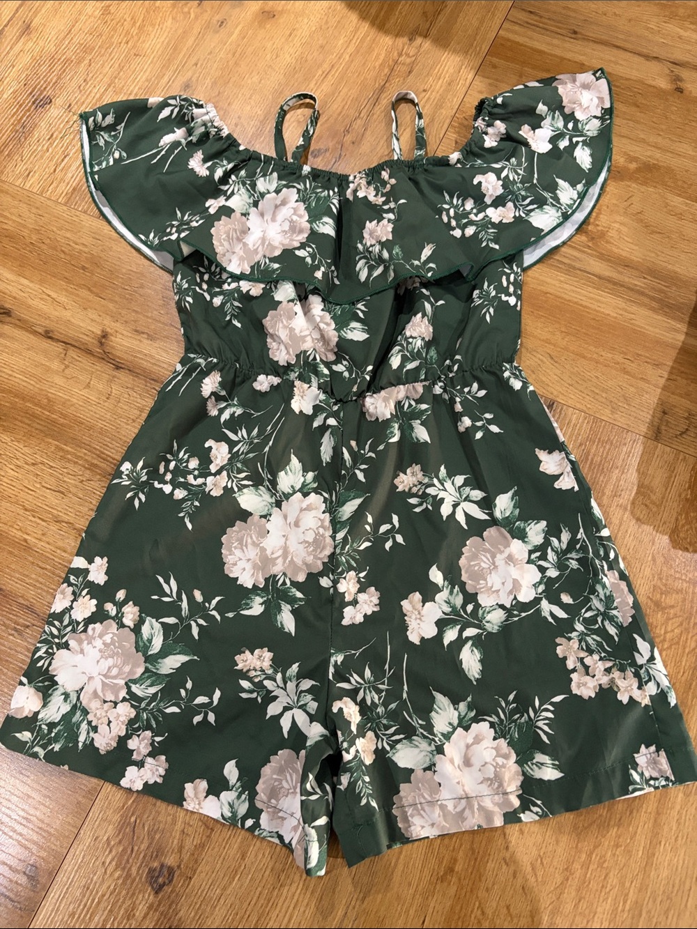 SHEIN Dark Green Floral Ruffle One-Piece Romper